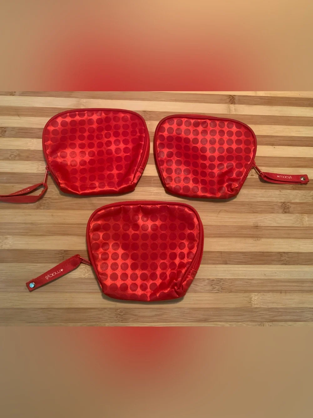 Macy's Red Satin Polka Dot Cosmetic Pouch - Set of 3